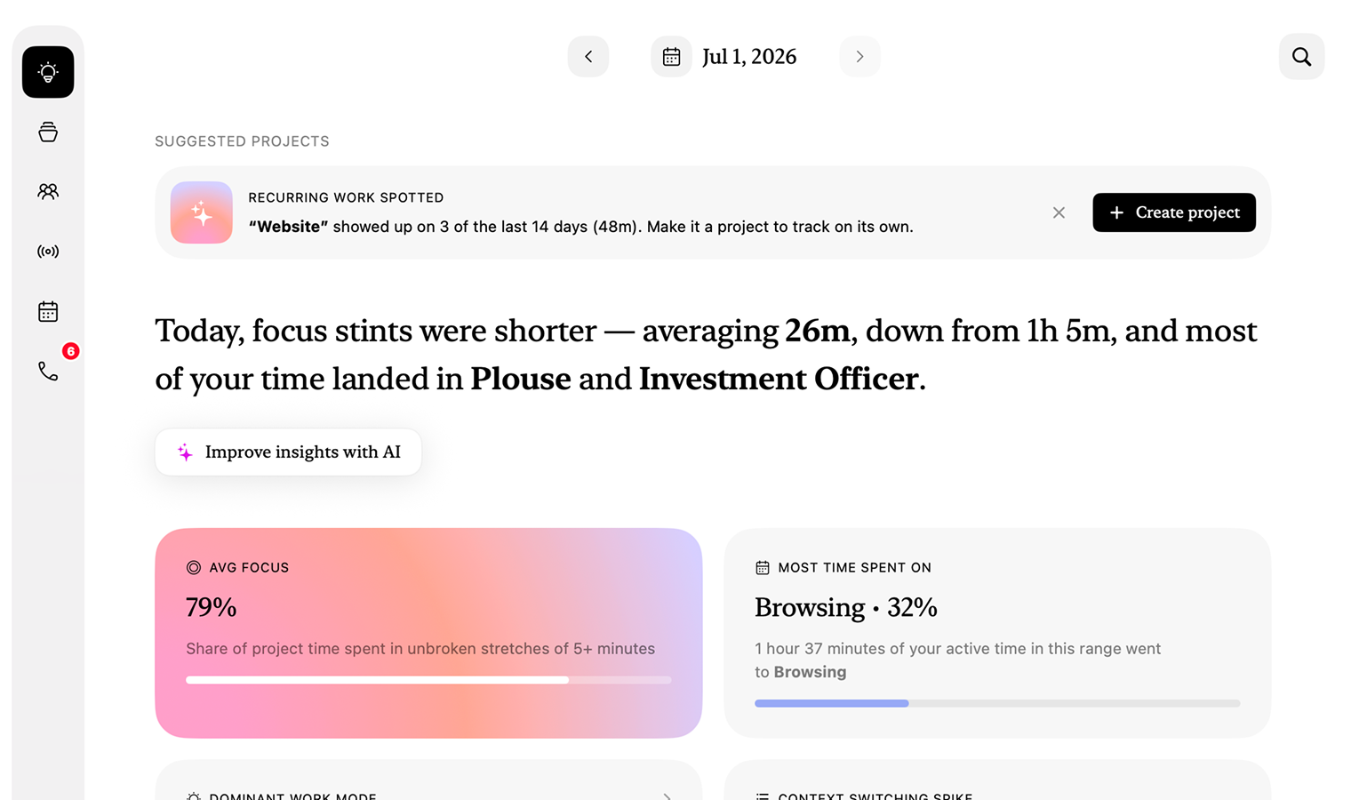 AI-generated focus insights in Plouse
