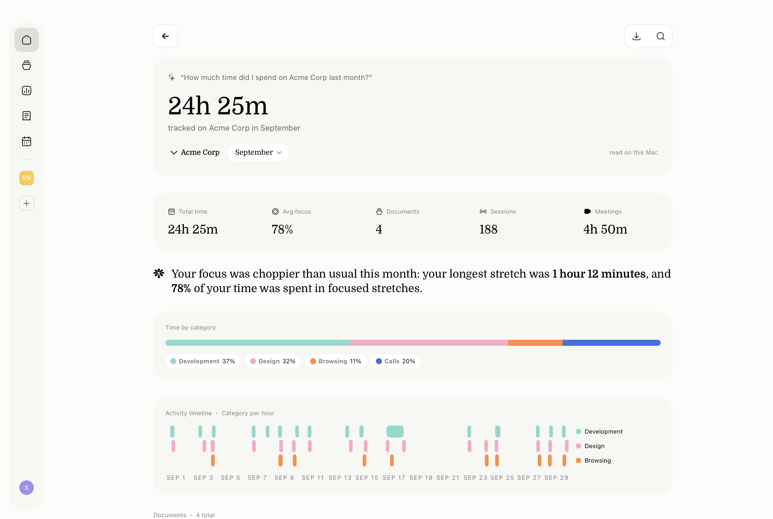 Plouse's answer: 24h 25m tracked on Acme Corp in September, with focus, meetings and time by category